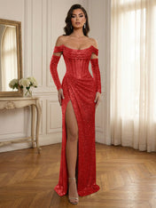 Silver Sequin Off-the-Shoulder Long Sleeves Corset Prom Dress with Slit