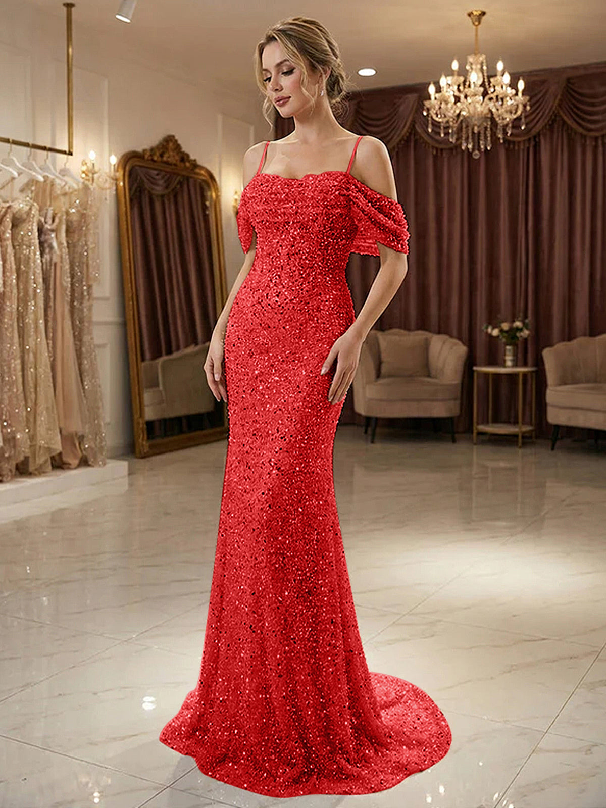 Sparkly Champagne Beaded Off-the-Shoulder Mermaid Long Prom Dress