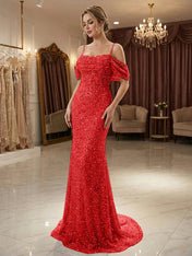 Sparkly Champagne Beaded Off-the-Shoulder Mermaid Long Prom Dress