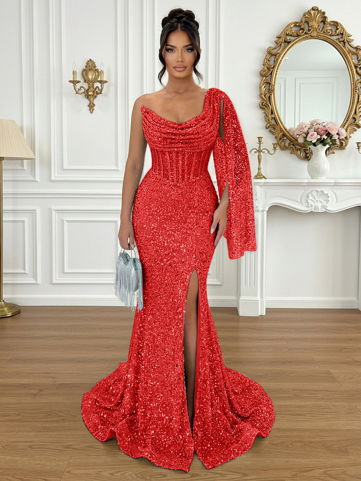 Glamorous Ice Blue One-Shoulder Sequin Corset Mermaid Prom Dresses with Slit