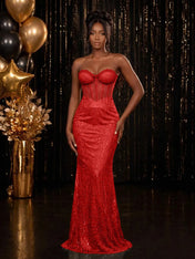 Strapless Sequin-Accented Mermaid Prom Dress with High Slit