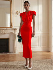 White Ruched Classic Notched Short Sleeve Puff Sleeve Sheath Midi Dress