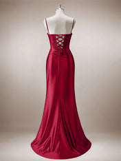 Red Mermaid Corset Spaghetti Straps Long Prom Dress with Slit