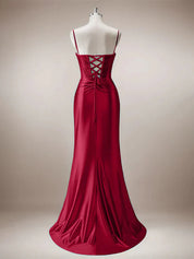 Red Mermaid Corset Spaghetti Straps Long Prom Dress with Slit