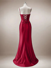 Red Mermaid Corset Spaghetti Straps Long Prom Dress with Slit