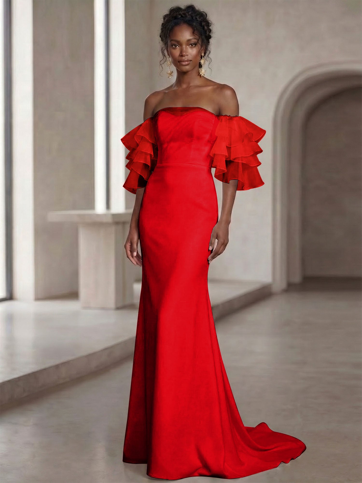 White Mermaid Off the Shoulder Ruffled Long Wedding Reception Dress