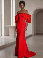 White Mermaid Off the Shoulder Ruffled Long Wedding Reception Dress