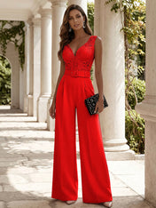 Women Pink Lace Deep V Neck Sleeveless Dressy Jumpsuit
