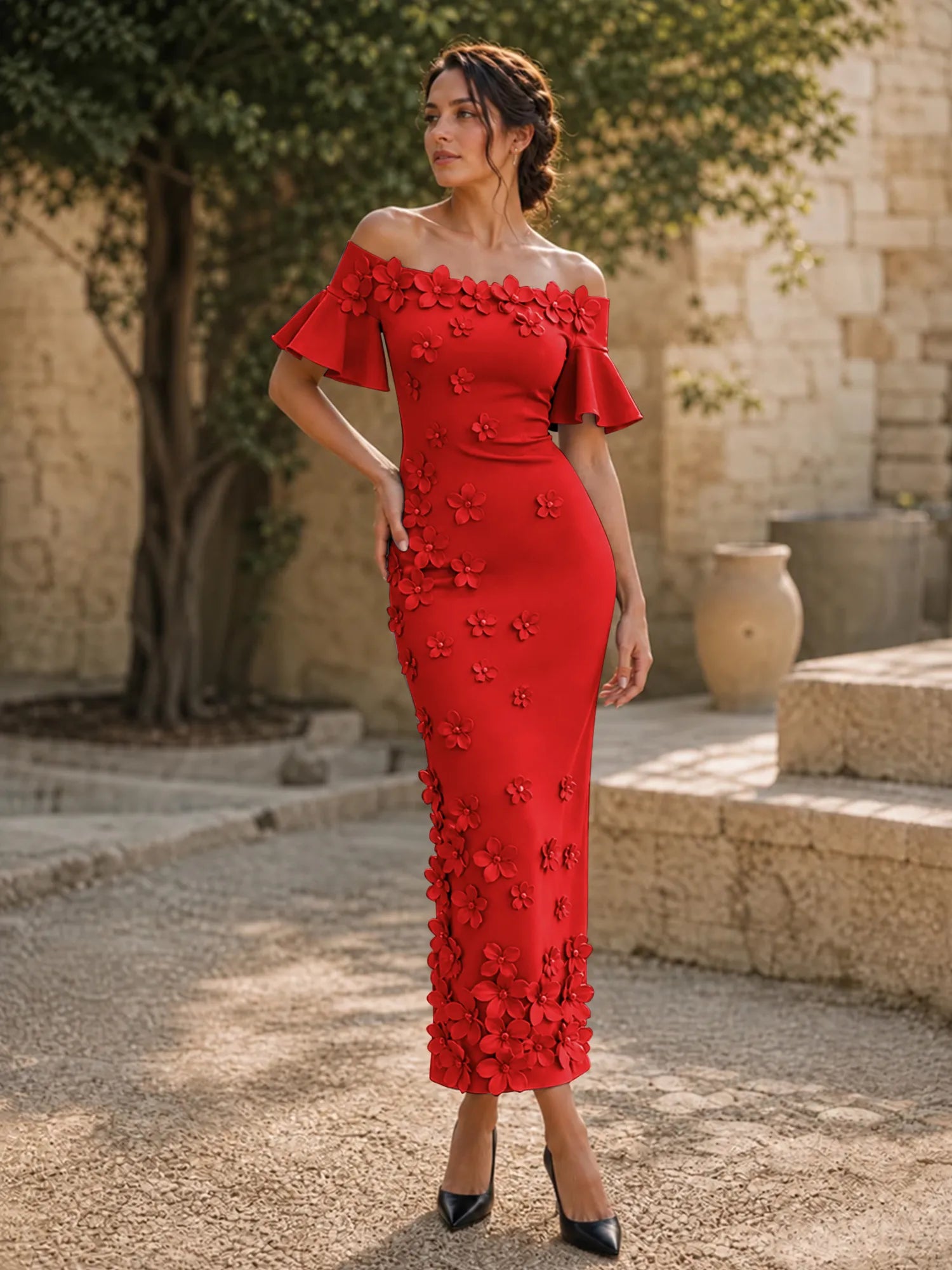 Black 3D Floral Off-The-Shoulder Ankle-Length Gown Dress