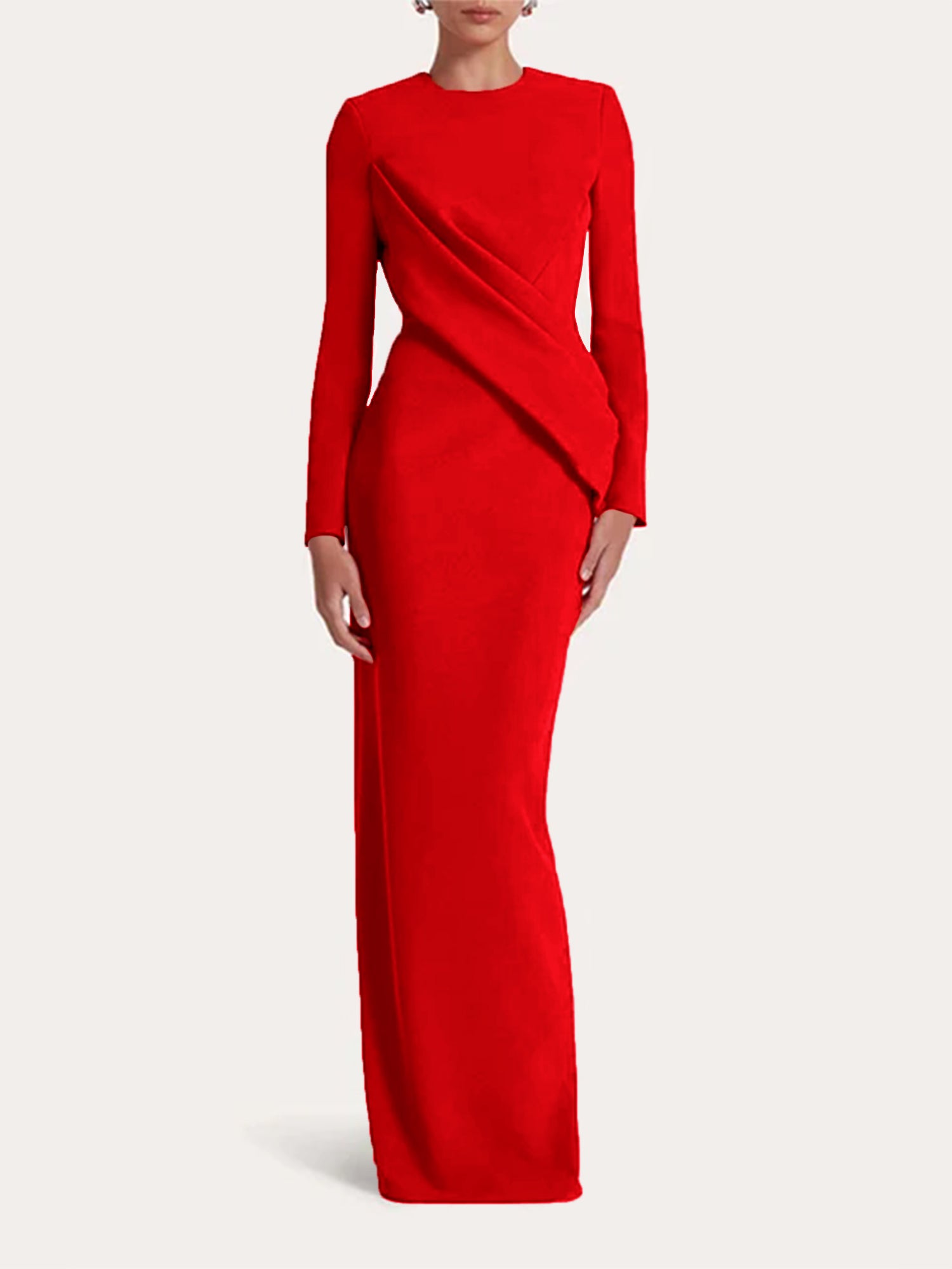 Red Sheath/Column Scoop Long Sleeves Chiffon Floor-Length Ruffles Formal Dress