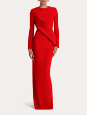 Red Sheath/Column Scoop Long Sleeves Chiffon Floor-Length Ruffles Formal Dress