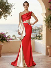 One Shoulder Mermaid Satin Pleat Evening Dresses with Bow