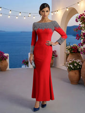 Formal Evening Dress Blue Velvet Long Sleeves Maxi Dress with Crystal