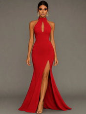 Mermaid Halter Neck Satin Formal Dress with Slit