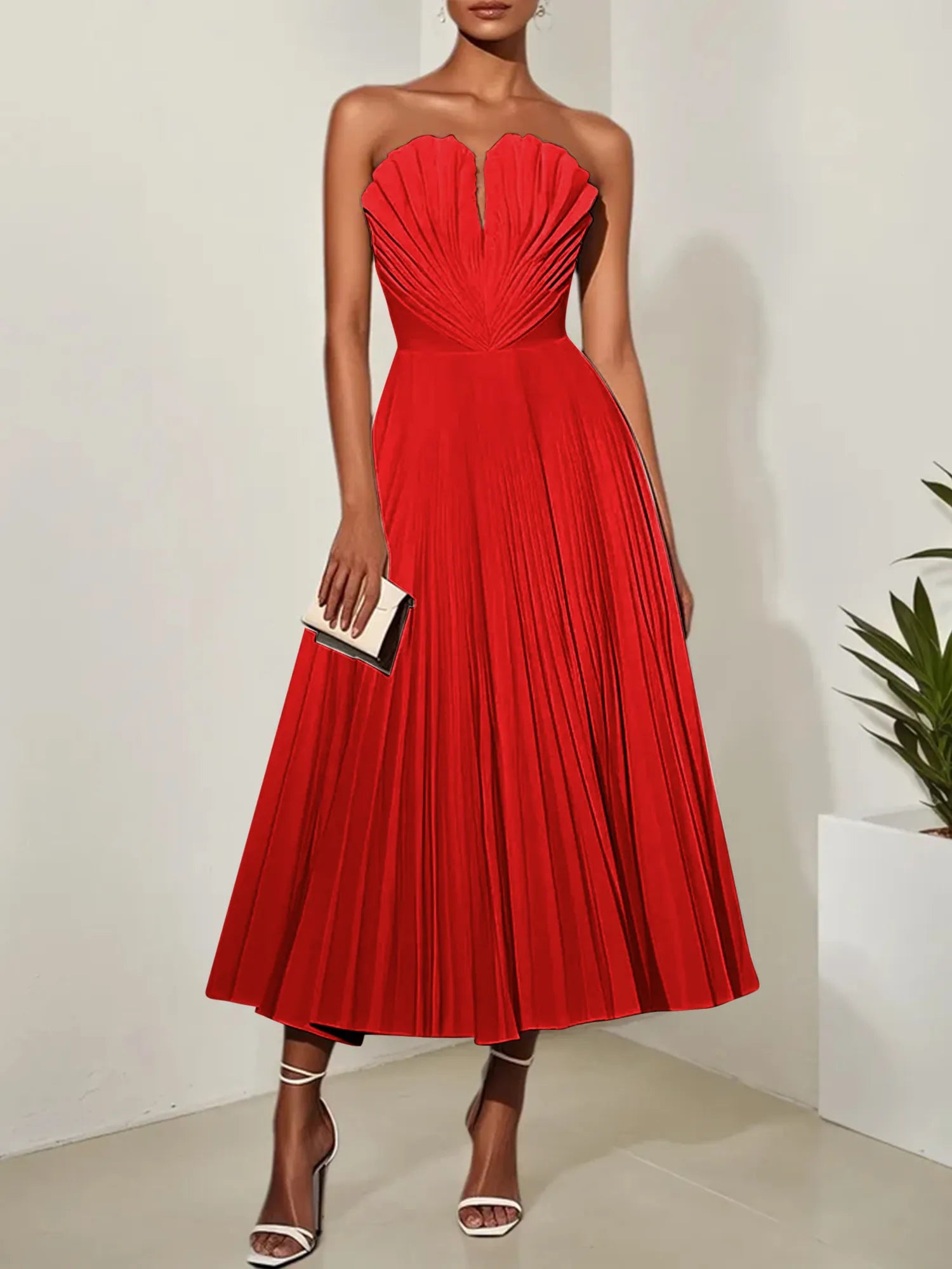 White Pleated Classic Strapless Sleeveless A-Line Midi Dress