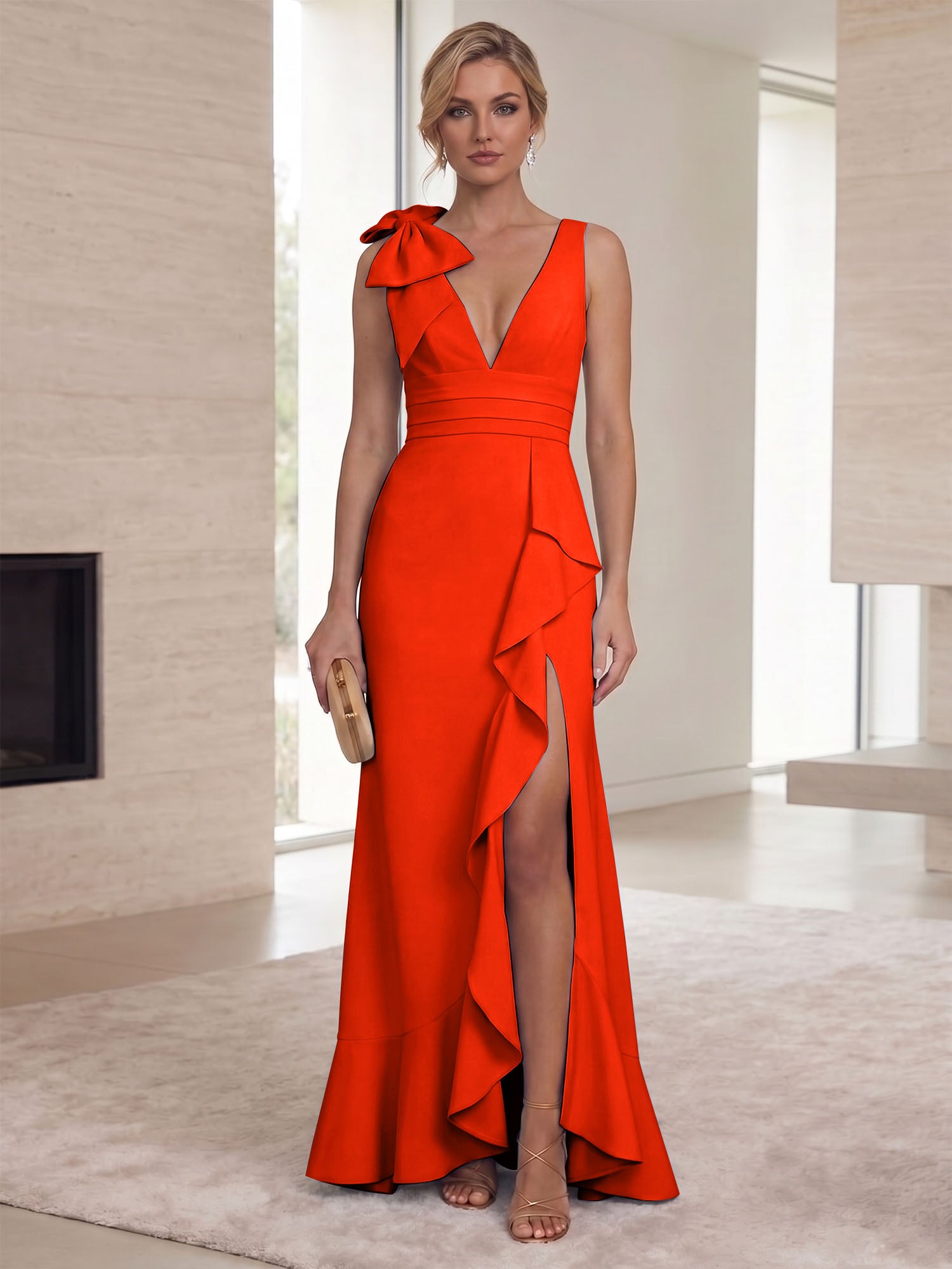 Ice Blue Bow-Accent Ruffle Slit Gown Formal Evening Dress