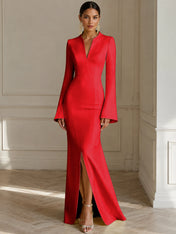 Formal Yellow V Neck Long Sleeves Floor Length Dress With Slit