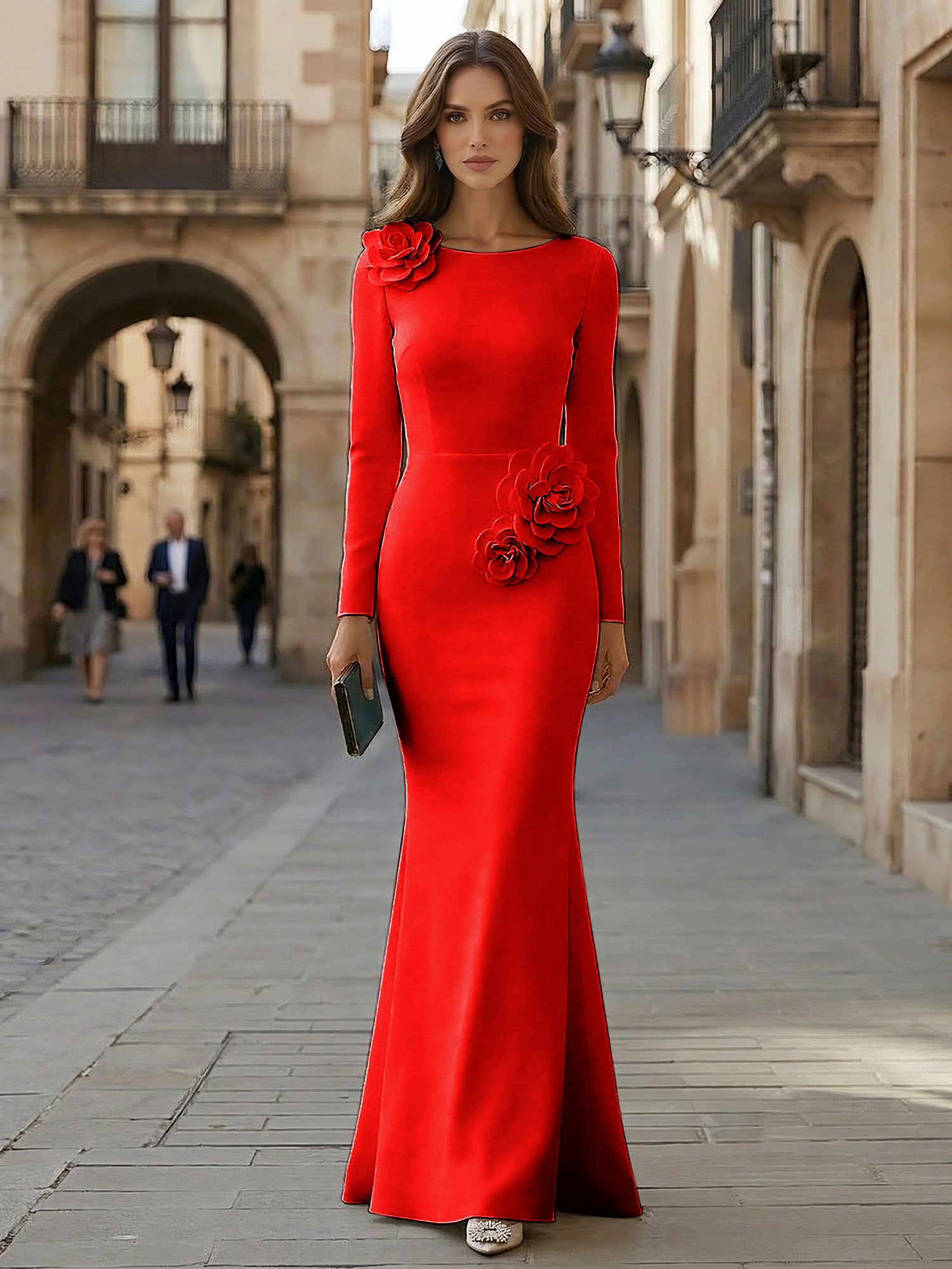Elegant Pure White Formal Evening Dress Long-Sleeve 3D Floral Crepe Maxi Dress Gown