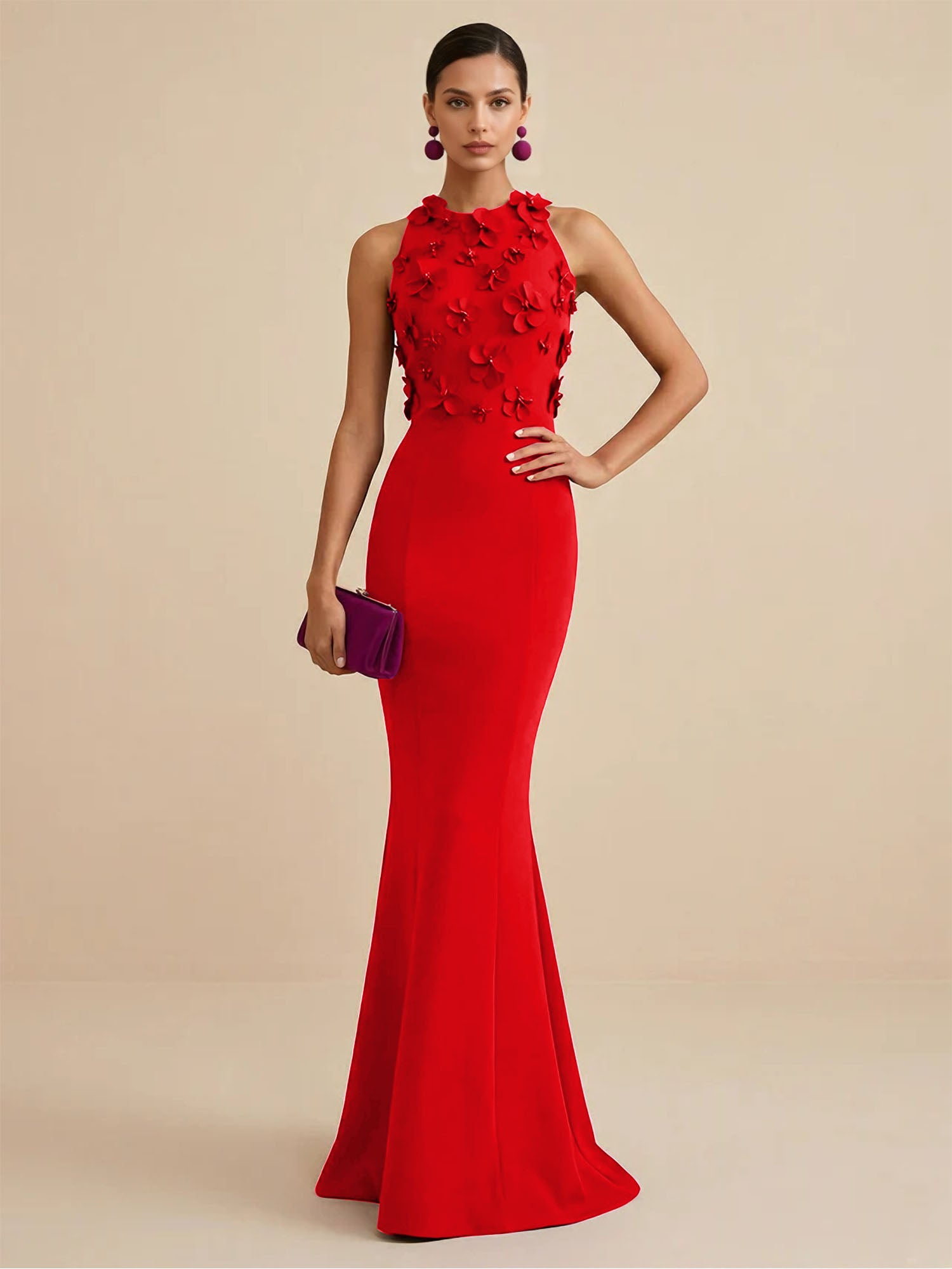 Deep Fuchsia Sleeveless High Neck 3D Floral Mermaid Formal Gown Evening Dress