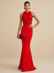 Deep Fuchsia Sleeveless High Neck 3D Floral Mermaid Formal Gown Evening Dress