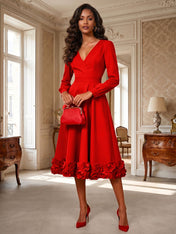 Formal Evening Gown Crimson 3D Rose Hem A-Line Midi Dress