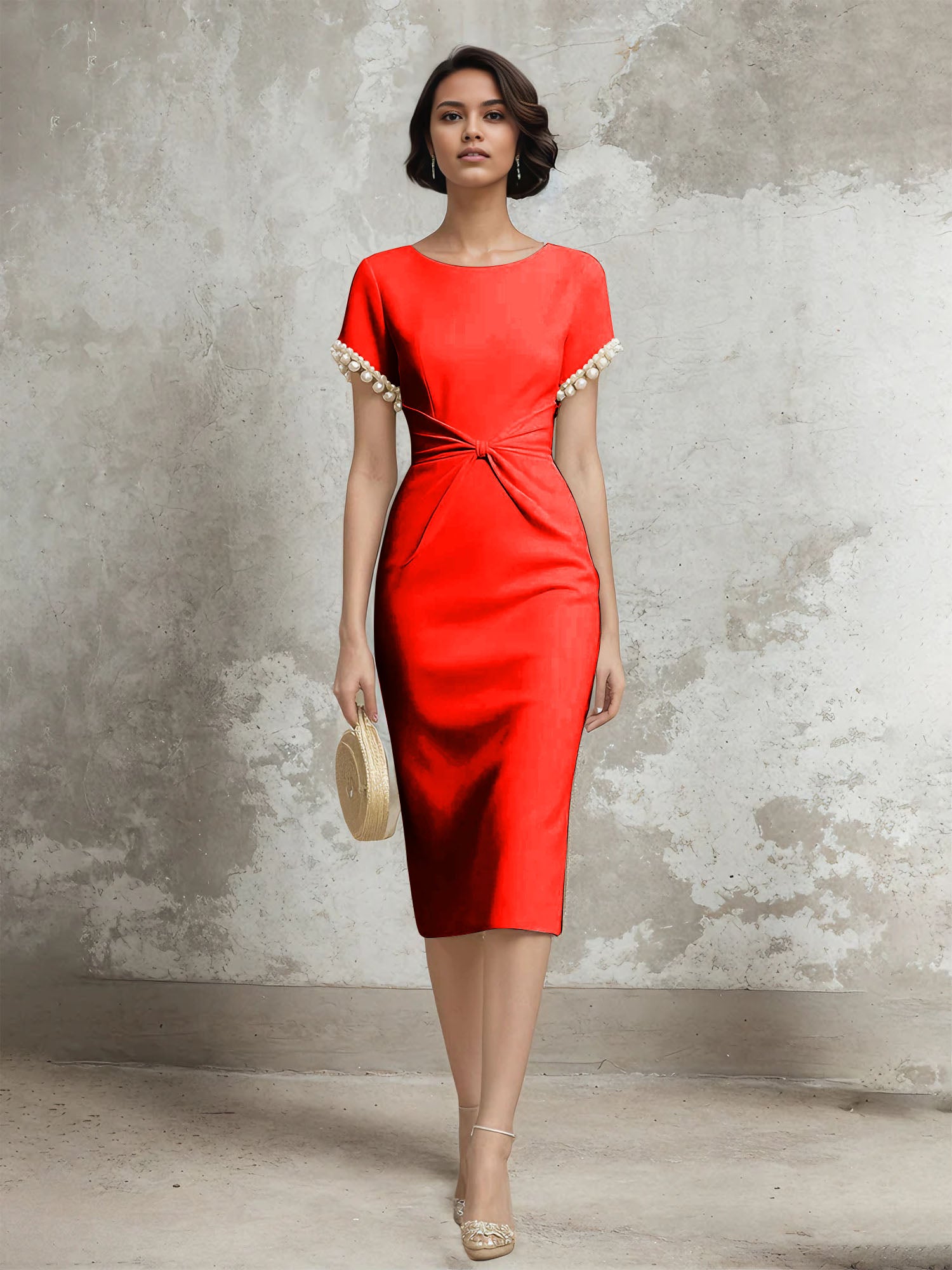 Column Short Sleeve Tea Length Dress With Pearls