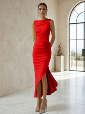 Elegant Formal Evening Gown Butter Yellow Ruched Asymmetrical Midi Dress