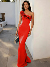 Navy Blue 3D Floral Classic One Shoulder Sleeveless Mermaid Gown Dress