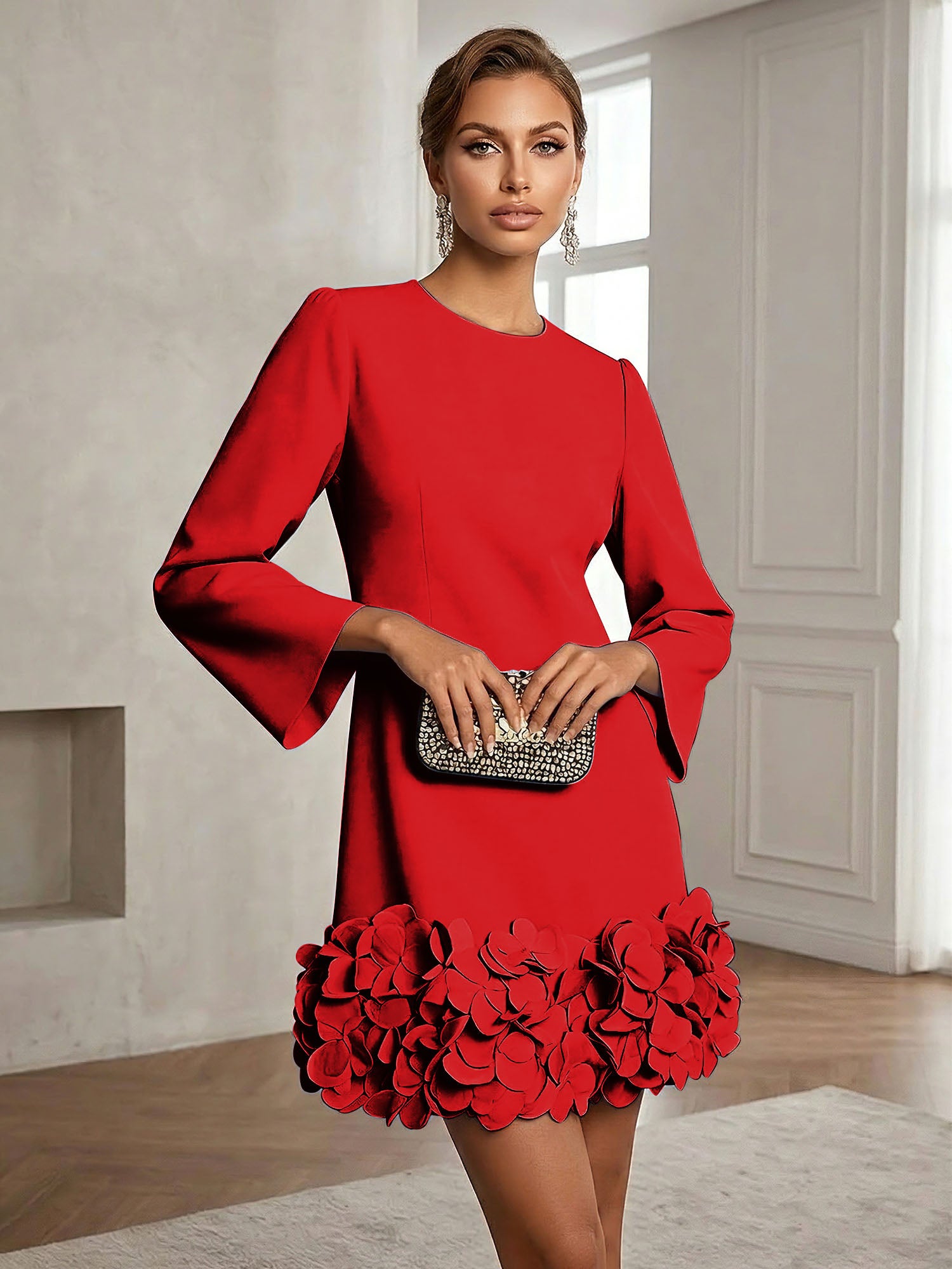 Powder Blue 3D Floral Classic Crew Neck Bell Long Sleeve Shift Mini Dress