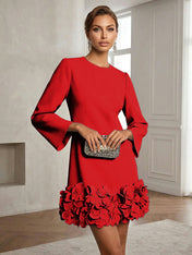 Powder Blue 3D Floral Classic Crew Neck Bell Long Sleeve Shift Mini Dress