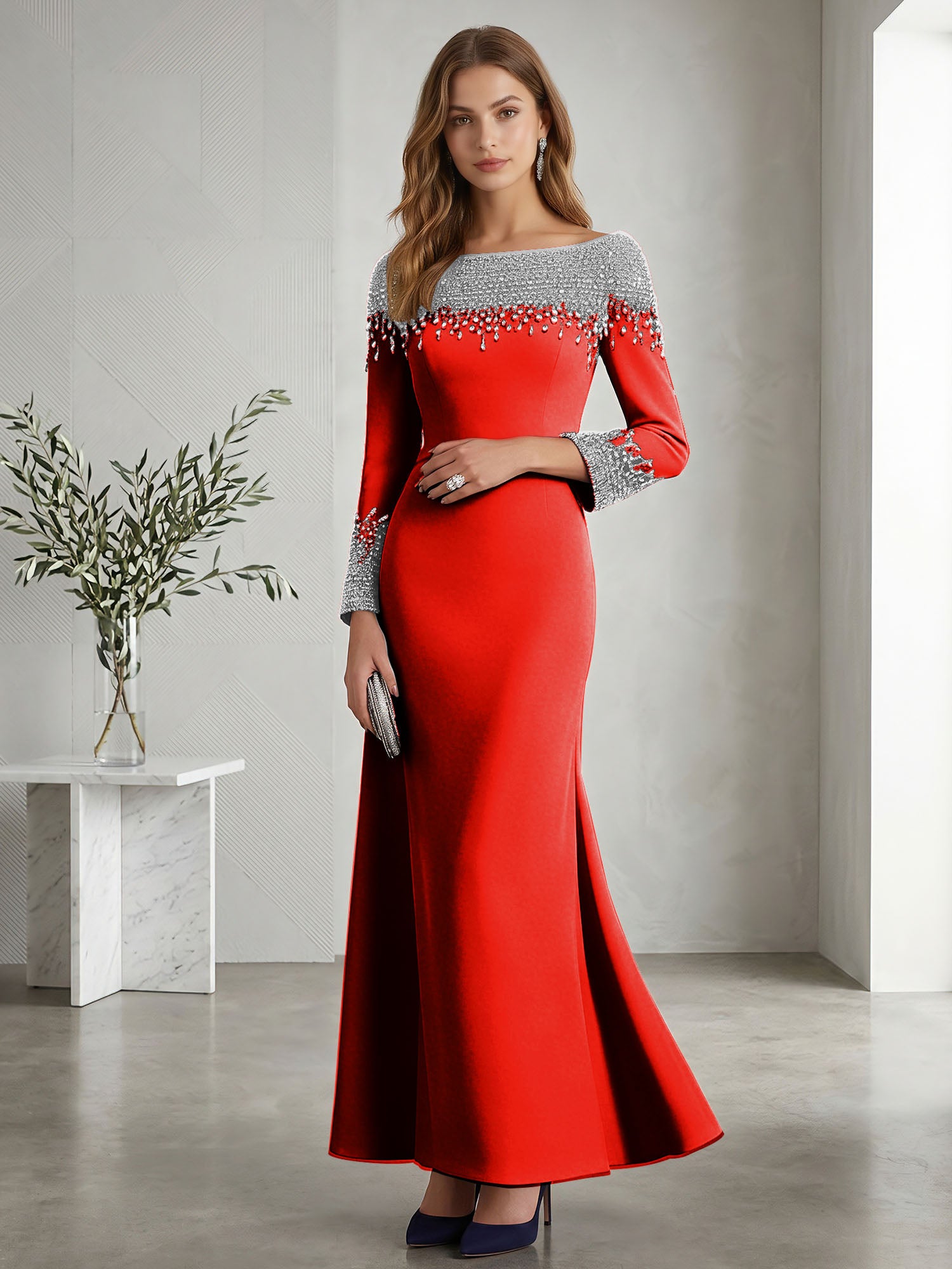 Formal Evening Dress Midnight Navy Velvet Long Sleeves Maxi Dress with Crystal