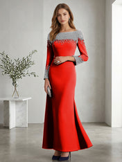 Formal Evening Dress Midnight Navy Velvet Long Sleeves Maxi Dress with Crystal