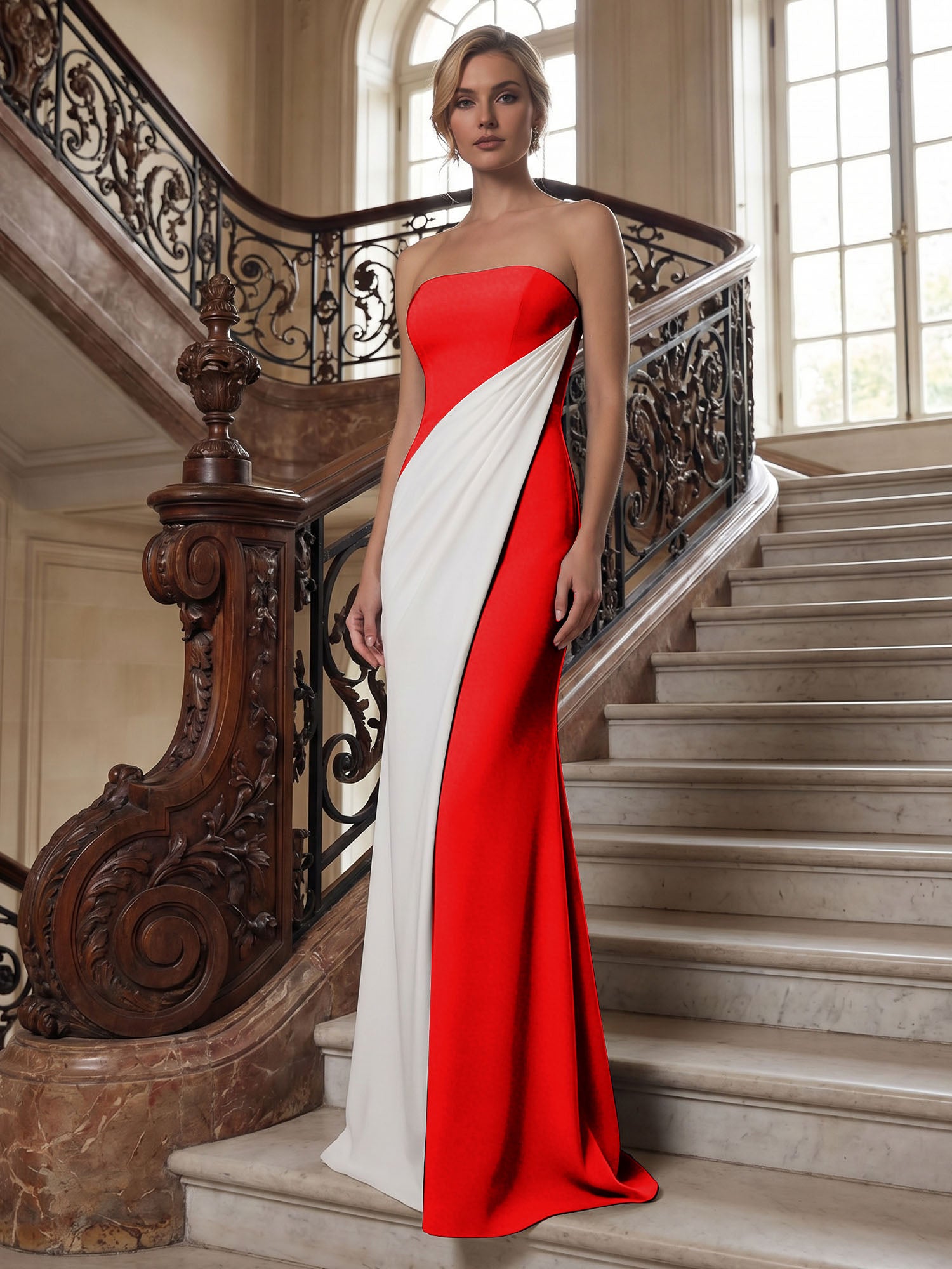 Black White Sheath Strapless Elegant Maxi Formal Dress