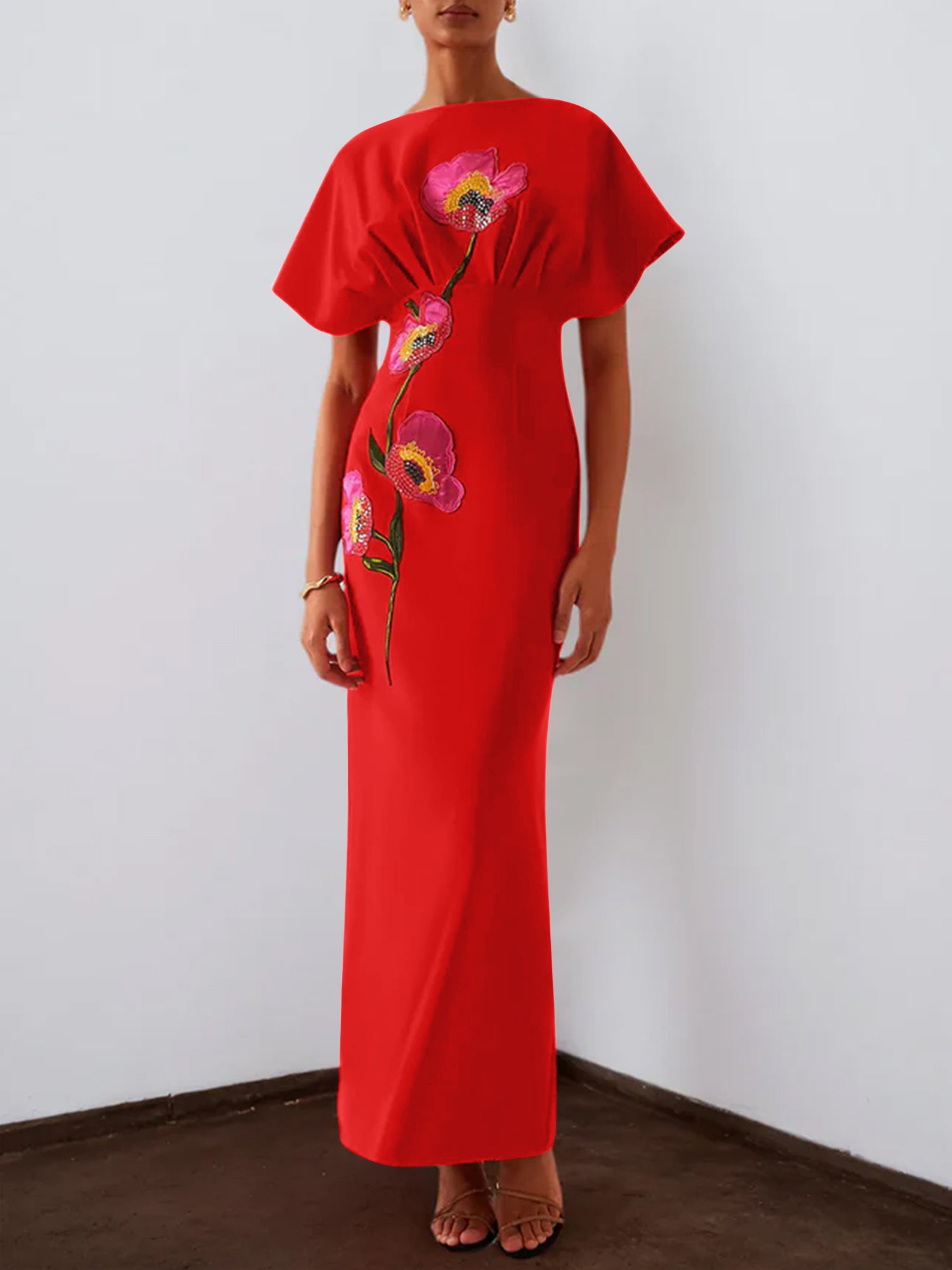 Red 3D Floral Appliqué Boat Neck Short Sleeve Backless Sheath Maxi Dress