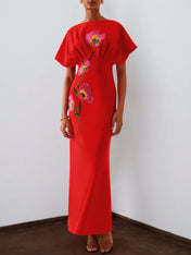 Red 3D Floral Appliqué Boat Neck Short Sleeve Backless Sheath Maxi Dress