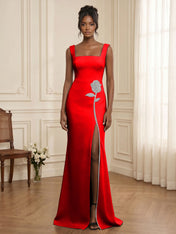 Formal Evening Dress Glamorous Black Square-Neck Crystal Rose Slit Gown