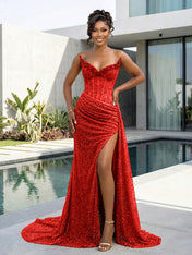 Gold Strapless Pearl-Embellished Corset Prom Dress with Slit