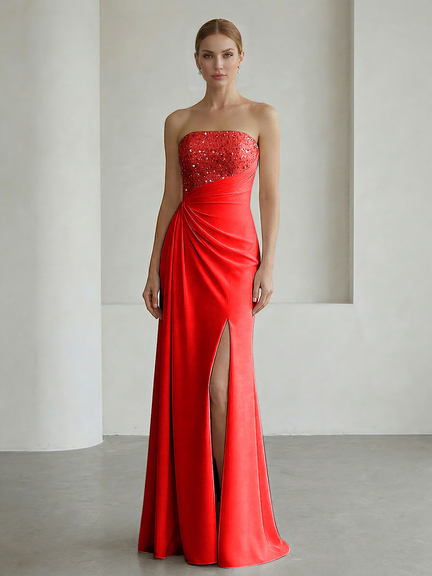 Glamorous Formal Evening Dress Soft Blush Beaded Strapless Slit Gown