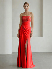 Glamorous Formal Evening Dress Soft Blush Beaded Strapless Slit Gown