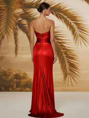 Evening Formal Dress V Neck Silk Ruffles Strapless Maxi Dress