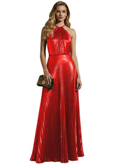 Luxurious Champagne-Gold Pleated Halter Long Prom Dress