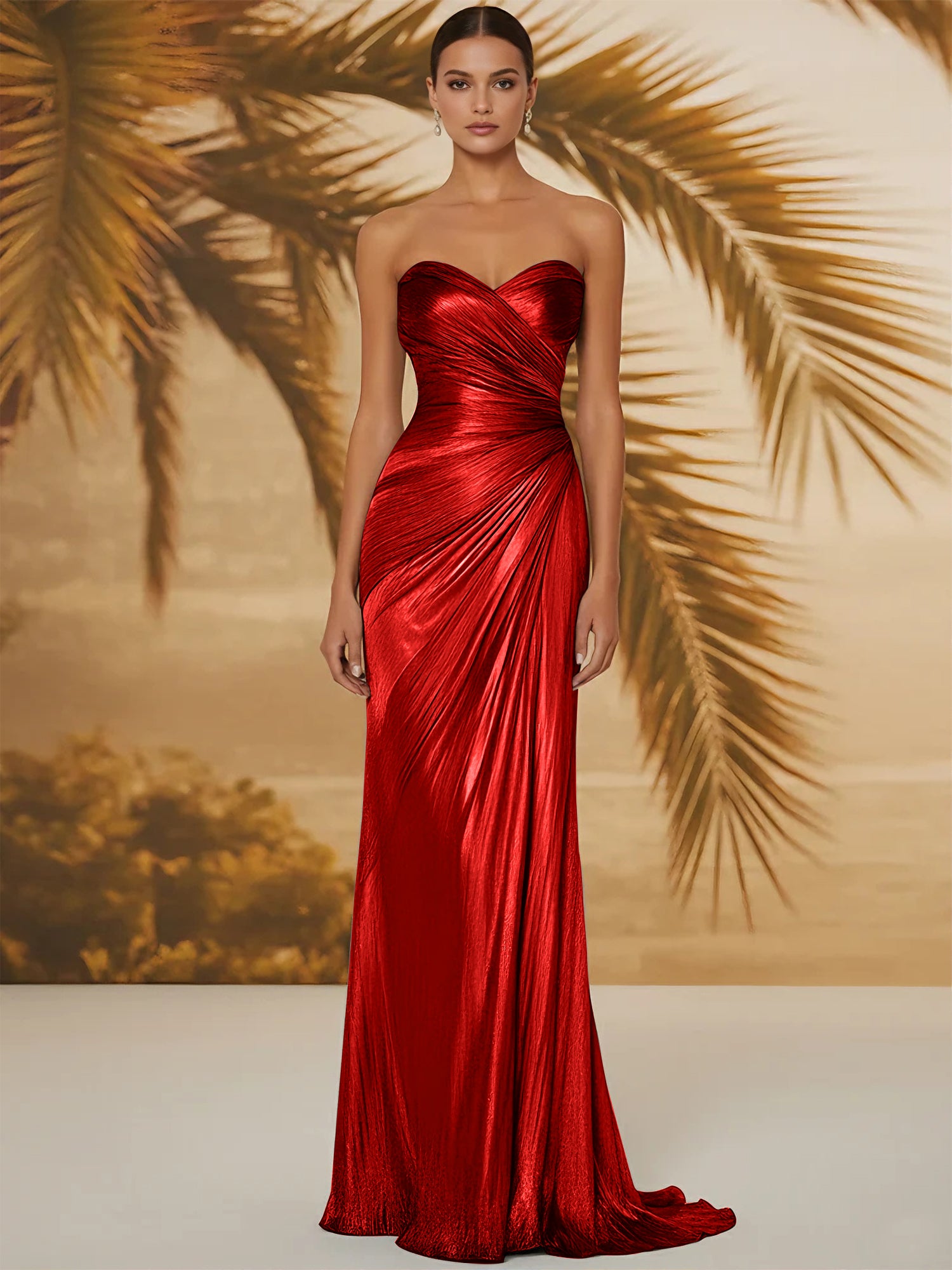 Evening Formal Dress V Neck Silk Ruffles Strapless Maxi Dress