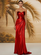 Evening Formal Dress V Neck Silk Ruffles Strapless Maxi Dress
