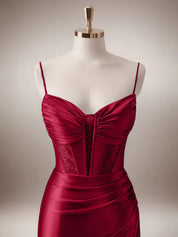 Red Mermaid Corset Spaghetti Straps Long Prom Dress with Slit