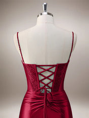 Red Mermaid Corset Spaghetti Straps Long Prom Dress with Slit
