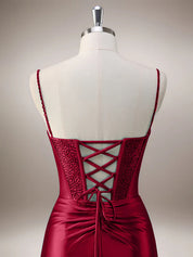 Red Mermaid Corset Spaghetti Straps Long Prom Dress with Slit