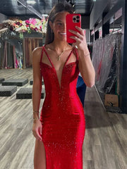 Red Mermaid Rhinestone V-Neck Long Prom Dress with Slit