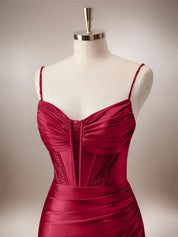 Red Mermaid Corset Spaghetti Straps Long Prom Dress with Slit