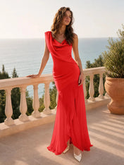 One-Shoulder Draped Chiffon Floor-Length Evening Dresses with Long Cape Sash