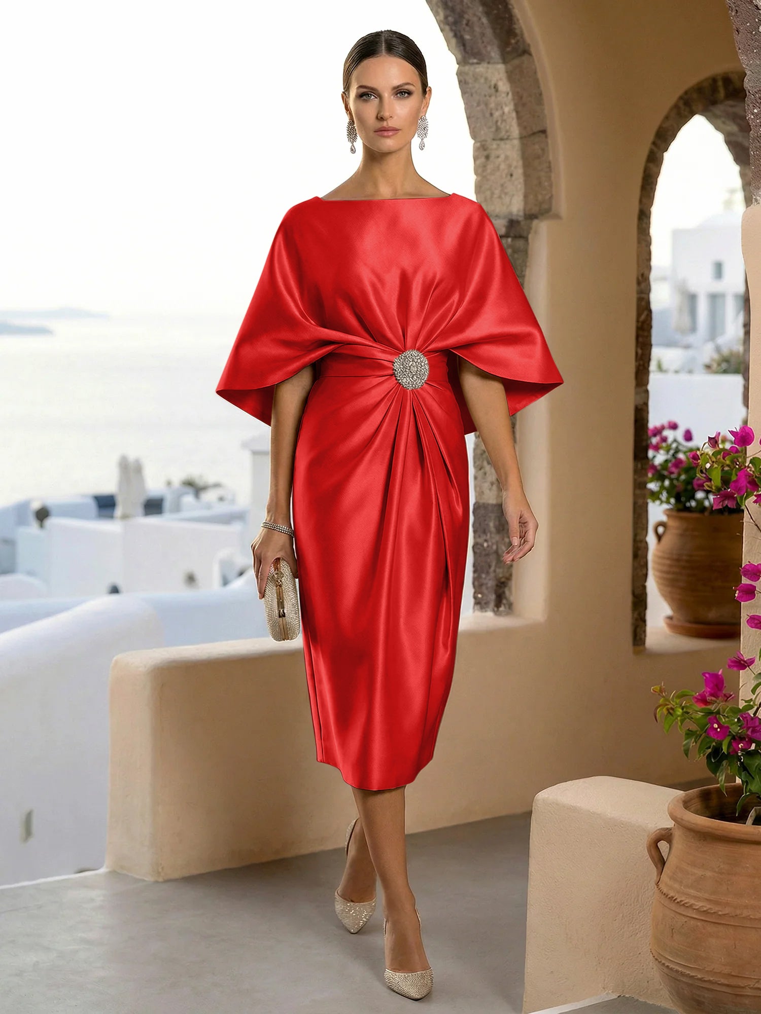 Half Sleeves Mermaid Satin Tea Length Long Evening Dresses with 3D Flower